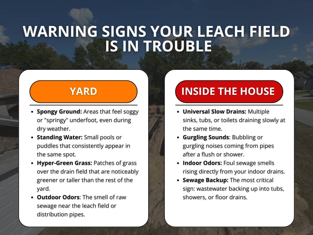 An infographic titled "Warning Signs Your Leach Field Is in Trouble" lists septic system red flags for the yard and inside the house, including spongy ground, foul odors, slow drains, and sewage backup.