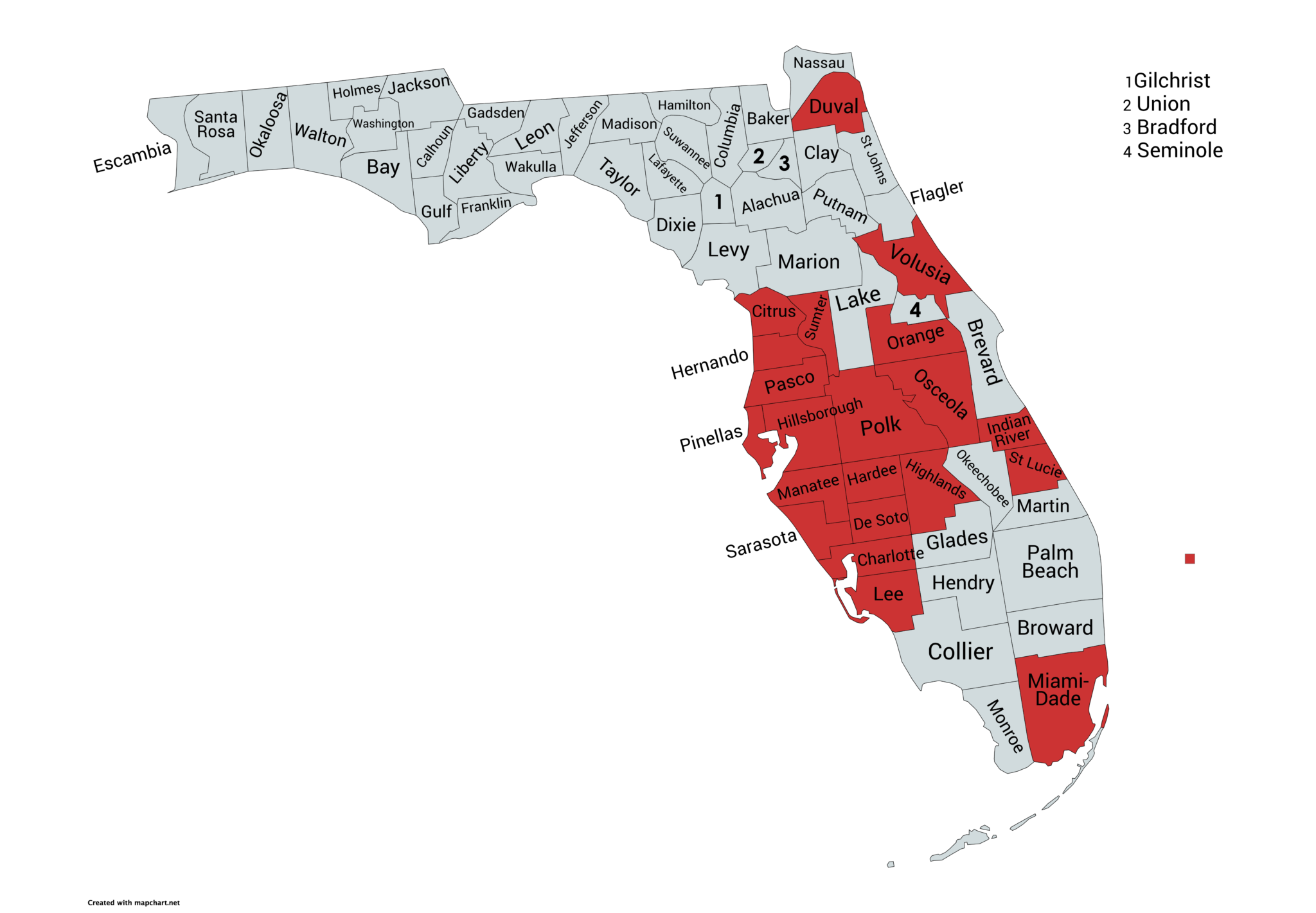 Map of Florida and the counties with some highlighted in red