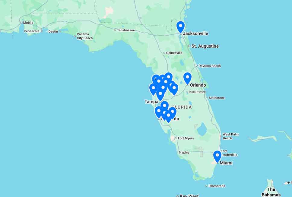 Map of Flroida with pins on cities