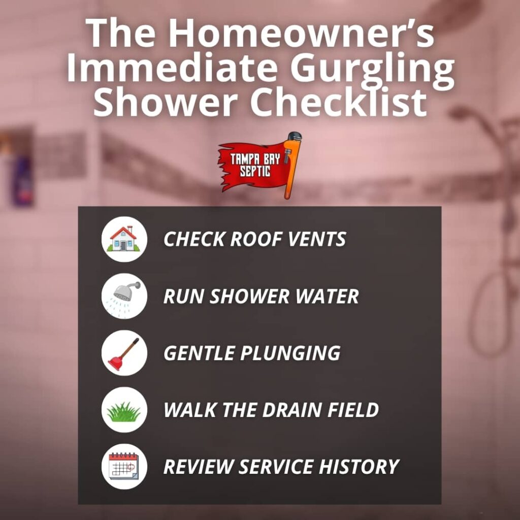 An infographic titled "The Homeowner's Immediate Gurgling Shower Checklist" displays a five-step list including checking roof vents, running shower water, gentle plunging, walking the drain field, and reviewing service history.