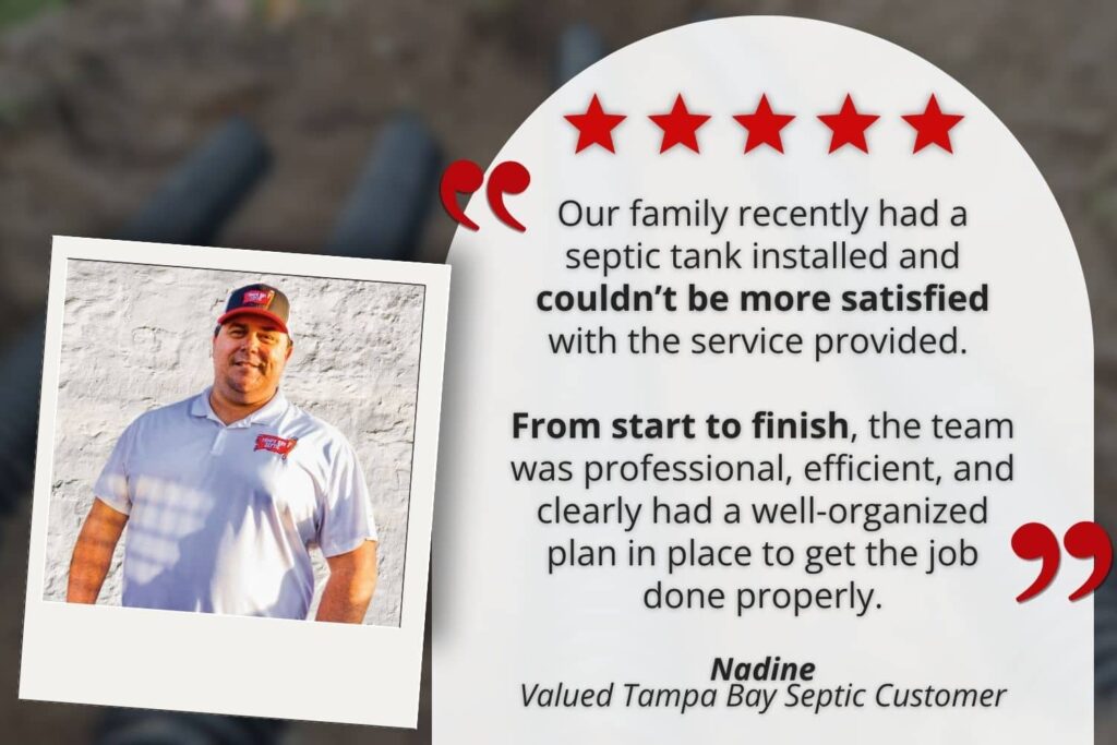 Five-star customer review for Tampa Bay Septic highlighting professional and efficient residential septic tank installation services.