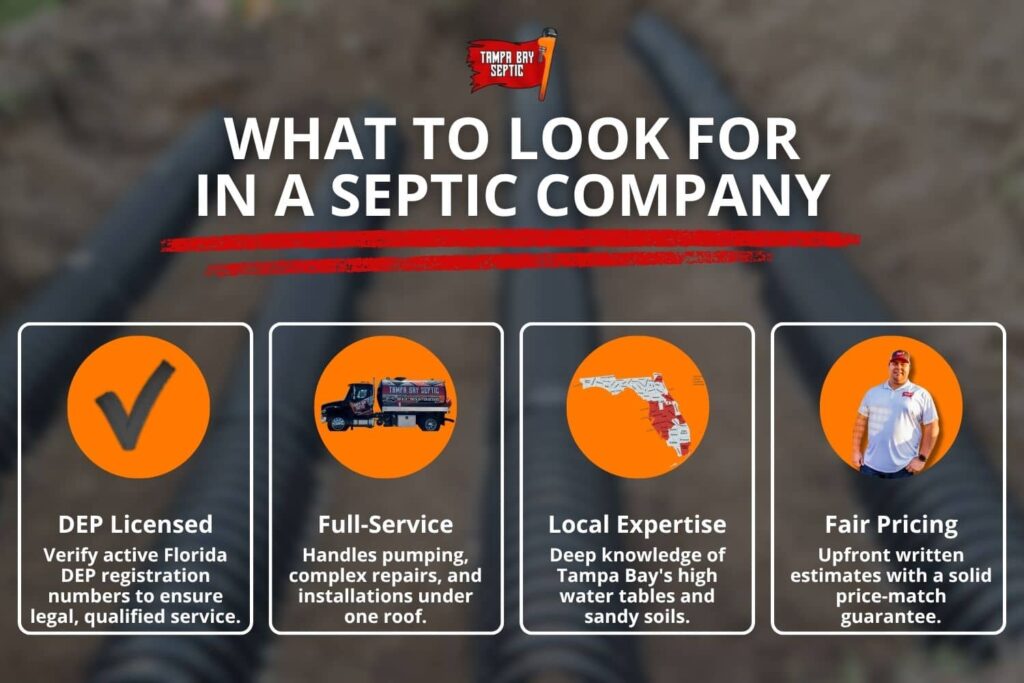 Infographic outlining what to look for in a septic company, featuring DEP licensing, full-service capability, local expertise, and fair pricing by Tampa Bay Septic.