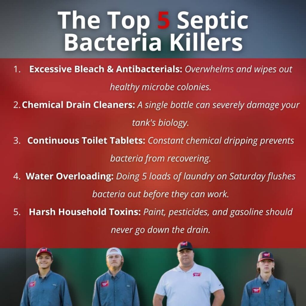 An infographic titled "The Top 5 Septic Bacteria Killers" lists excessive bleach, chemical drain cleaners, toilet tablets, water overloading, and household toxins as threats to septic tank biology, set against a red background featuring a lineup of four service technicians at the bottom.