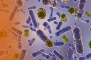 A 3D illustration of rod-shaped and spherical bacteria floating against a vibrant orange and blue gradient background.
