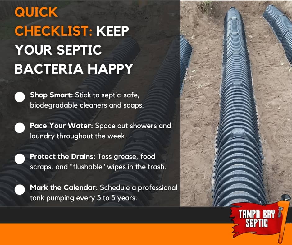 An infographic titled "Quick Checklist: Keep Your Septic Bacteria Happy" outlines four essential maintenance tips for protecting tank biology, set against a background of newly installed plastic septic drain field chambers and a Tampa Bay Septic logo.