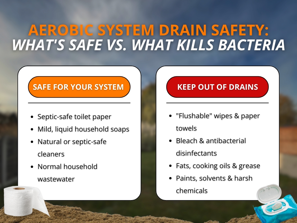 An infographic comparing items safe for aerobic septic systems—such as septic-safe toilet paper and mild liquid soaps—against harmful items to keep out of drains, including wipes, bleach, grease, and chemicals.
