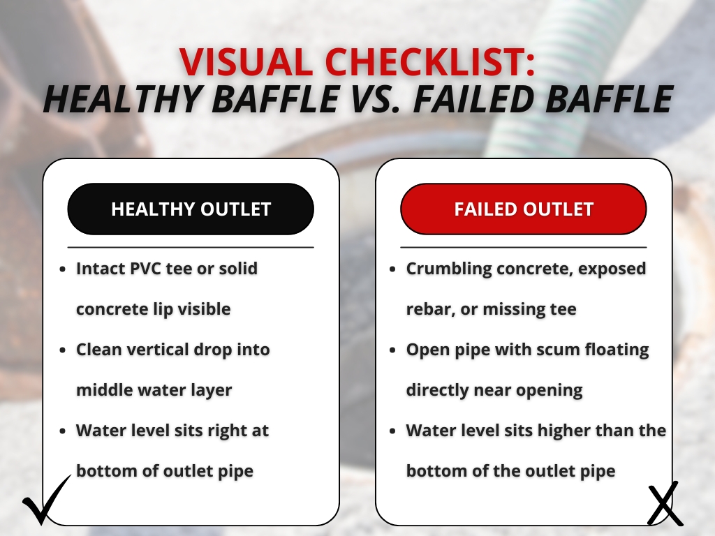 An infographic side-by-side visual checklist comparing the key signs of a healthy septic tank outlet baffle against a failed outlet baffle.