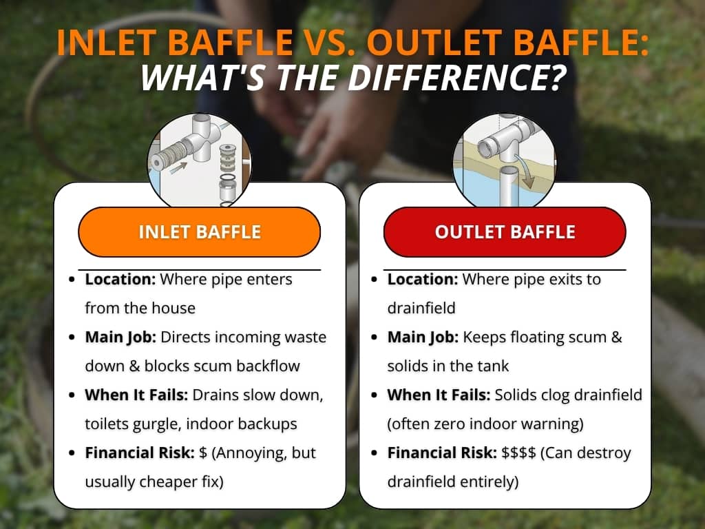 An infographic titled "Inlet Baffle vs. Outlet Baffle: What's the Difference?" compares septic tank inlet and outlet baffles across their location, main function, failure symptoms, and financial repair risks.