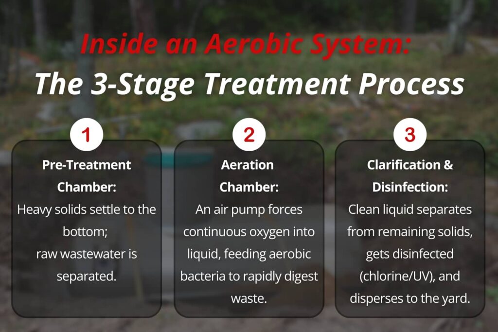 An infographic outlining the three-stage treatment process of an aerobic septic system, detailing the pre-treatment chamber, aeration chamber, and final clarification and disinfection stage.