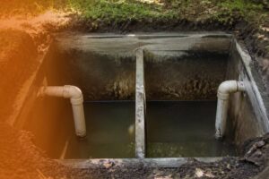 An open concrete septic tank divided into two chambers with white PVC pipe baffles extending into wastewater.