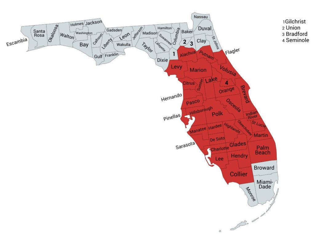 Map of Florida with specific counties highlighted in red to indicate Tampa Bay Septic's service areas.