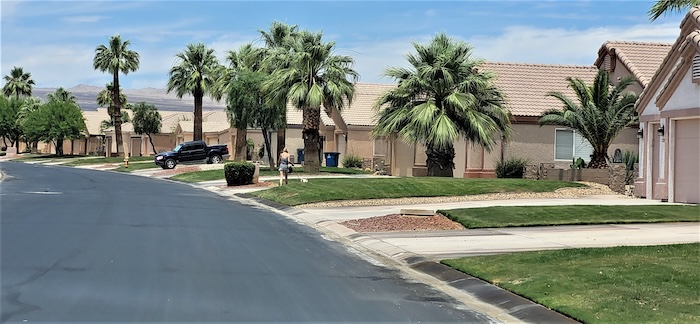 A wide asphalt street curves through a sunny suburban neighborhood lined with palm trees, tile-roofed homes, and a person walking a dog along the lawn.